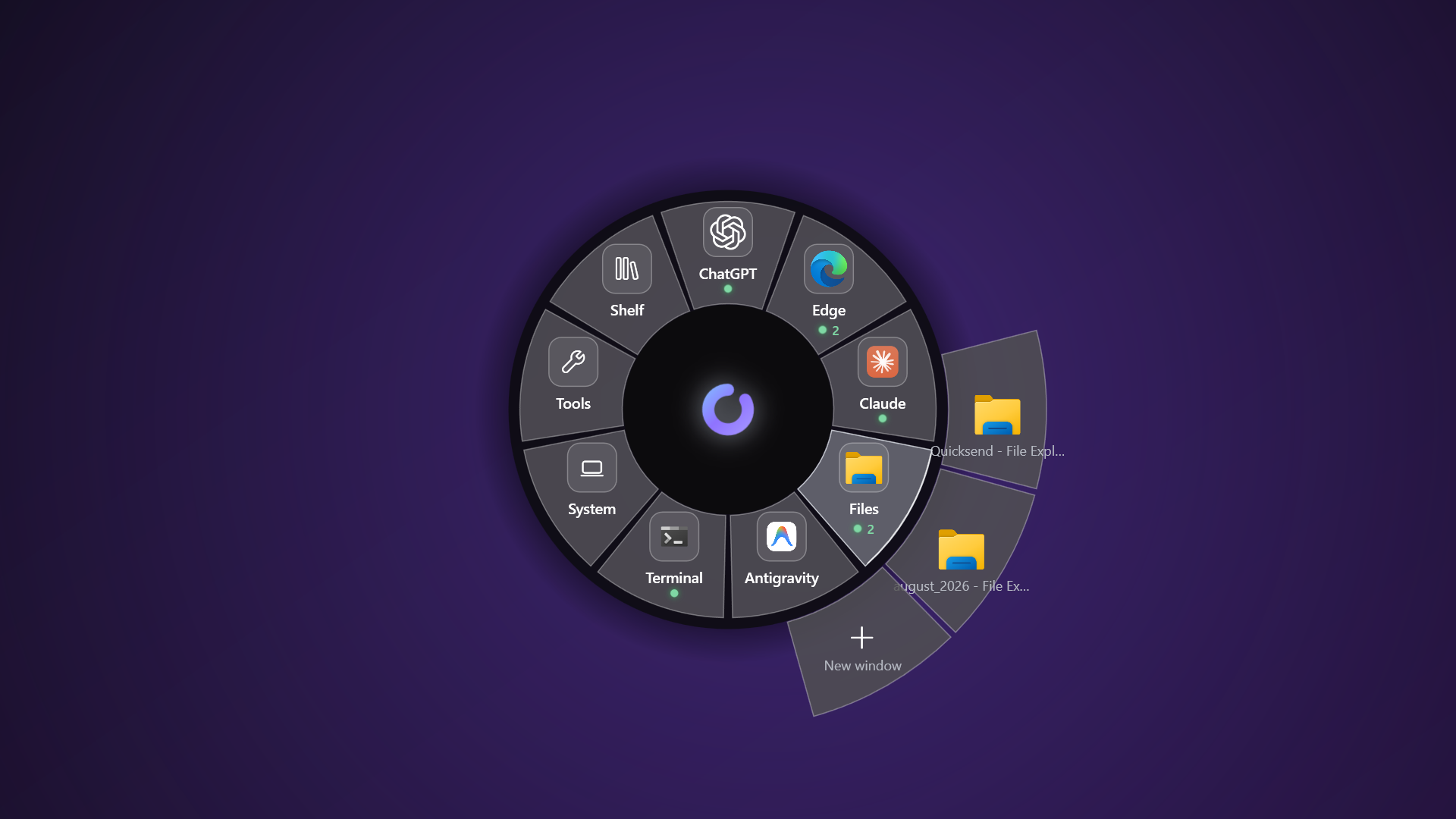 The wheel with File Explorer's two windows fanned onto the outer ring beside a New window action