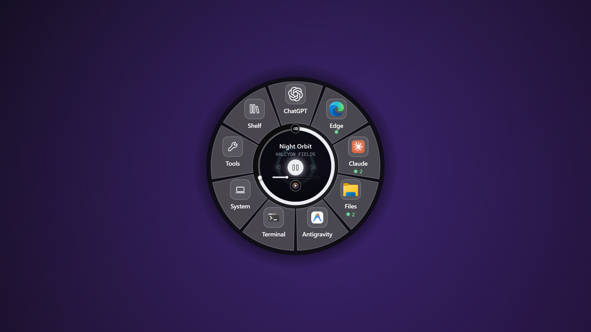The Gola wheel open over a desktop: app slices around a centre hub playing a track, with play controls, a volume ring and a timeline