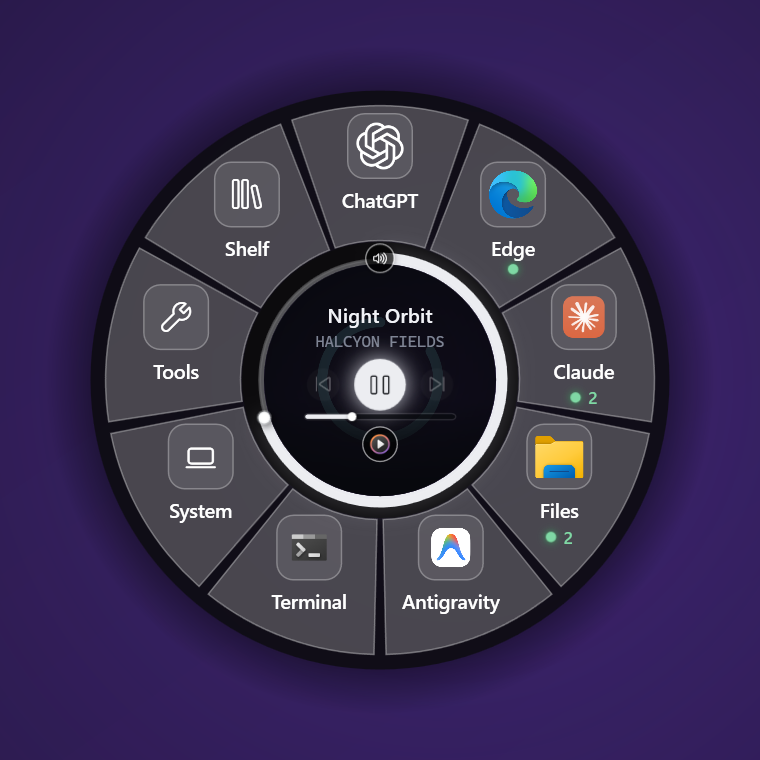 Close-up of the wheel's centre: track title and artist over album art, play controls, a volume ring with a knob, and a timeline