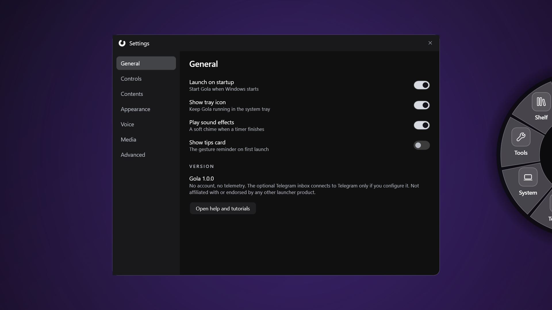 The Gola Settings window beside a live preview wheel
