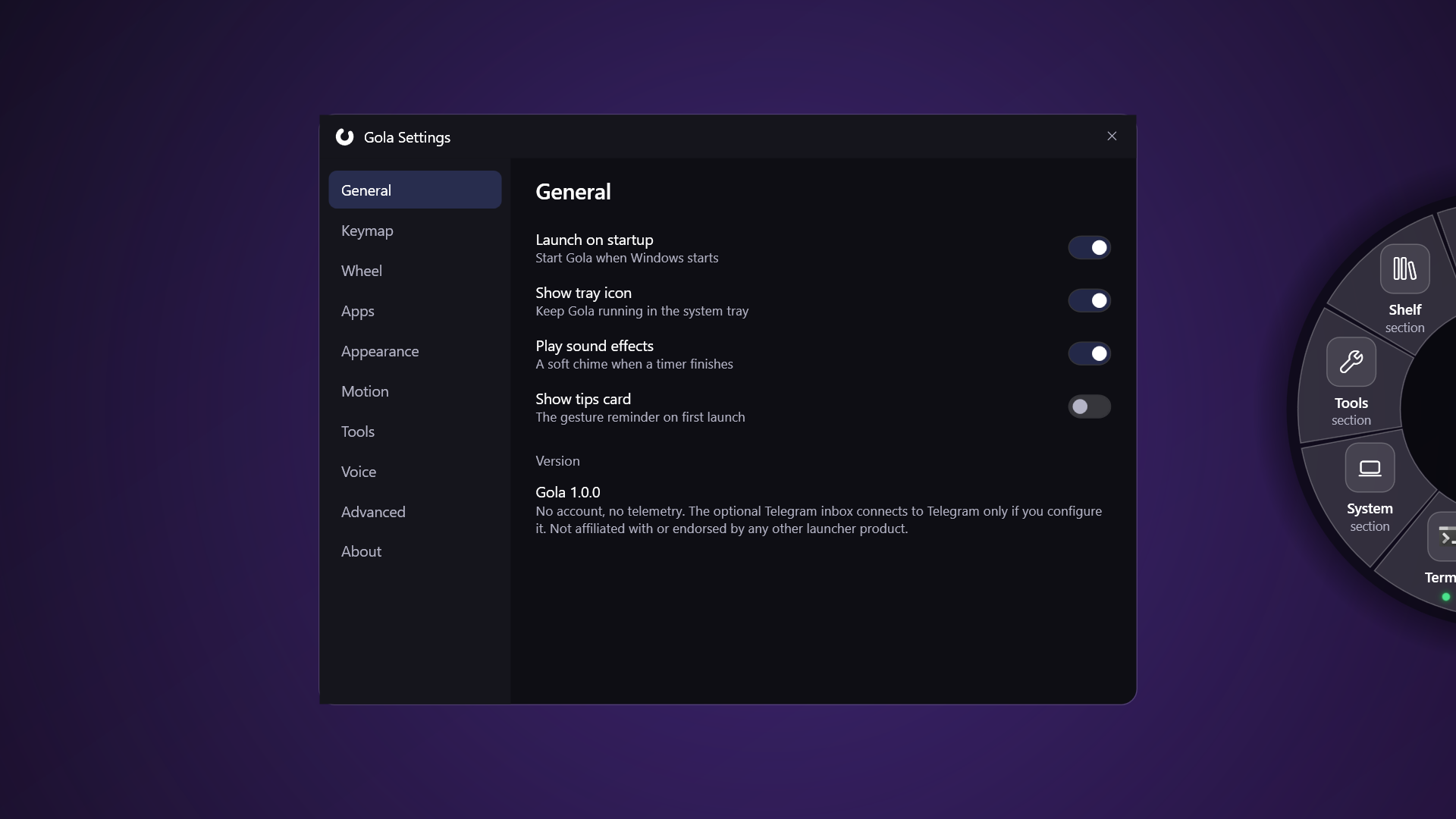 The Gola Settings window, General page