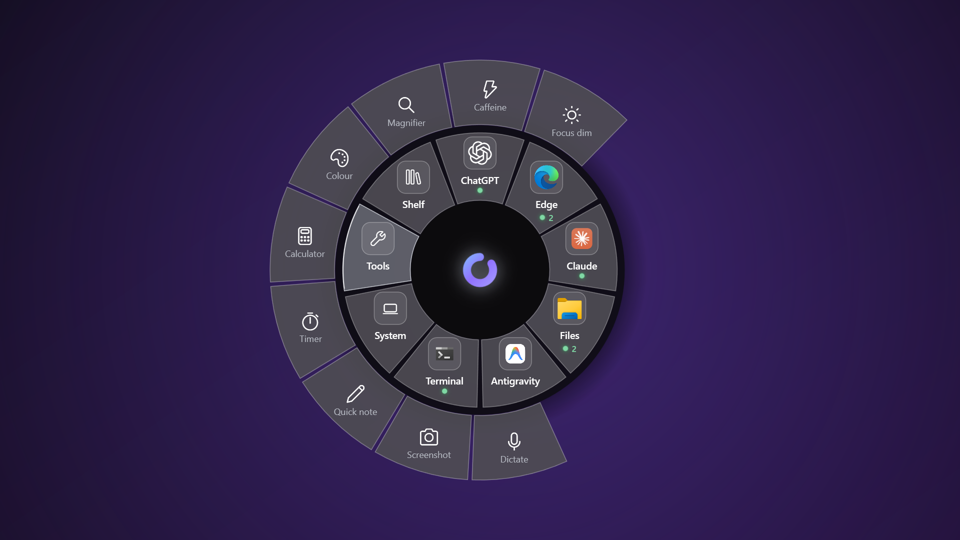 The Tools section fanned out on the wheel showing its utilities