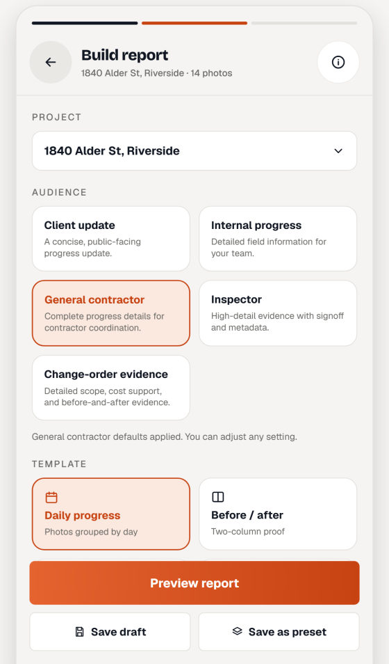 The Recno report builder: a project picker, audience options for client, internal, general contractor, inspector and change order, and template choices.