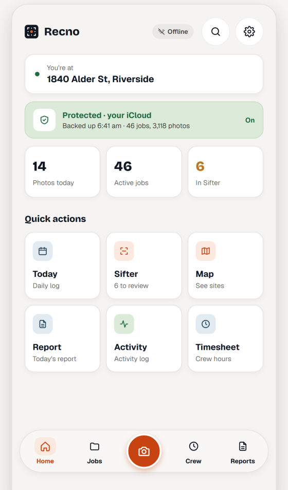 The Recno home screen: an offline pill, a green card confirming the backup is protected in your own iCloud, photo and job counts, and quick actions.