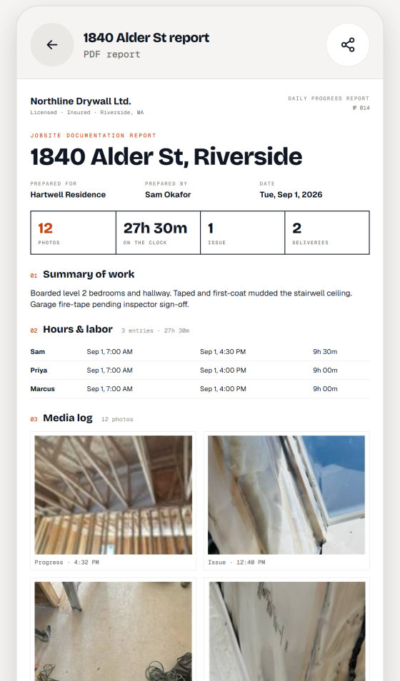 A finished Recno PDF report for 1840 Alder St: photo count, hours on the clock, a summary of work, the crew hours table and the media log.